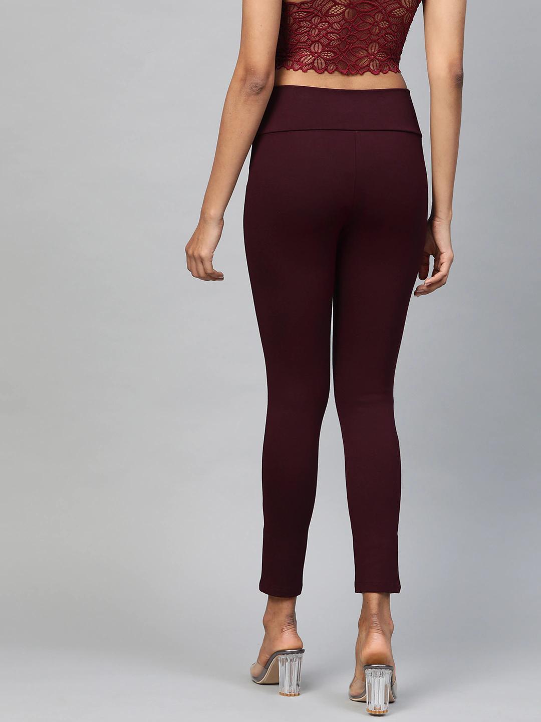 Women's Burgundy Mock Button High Waist Jeggings - SASSAFRAS