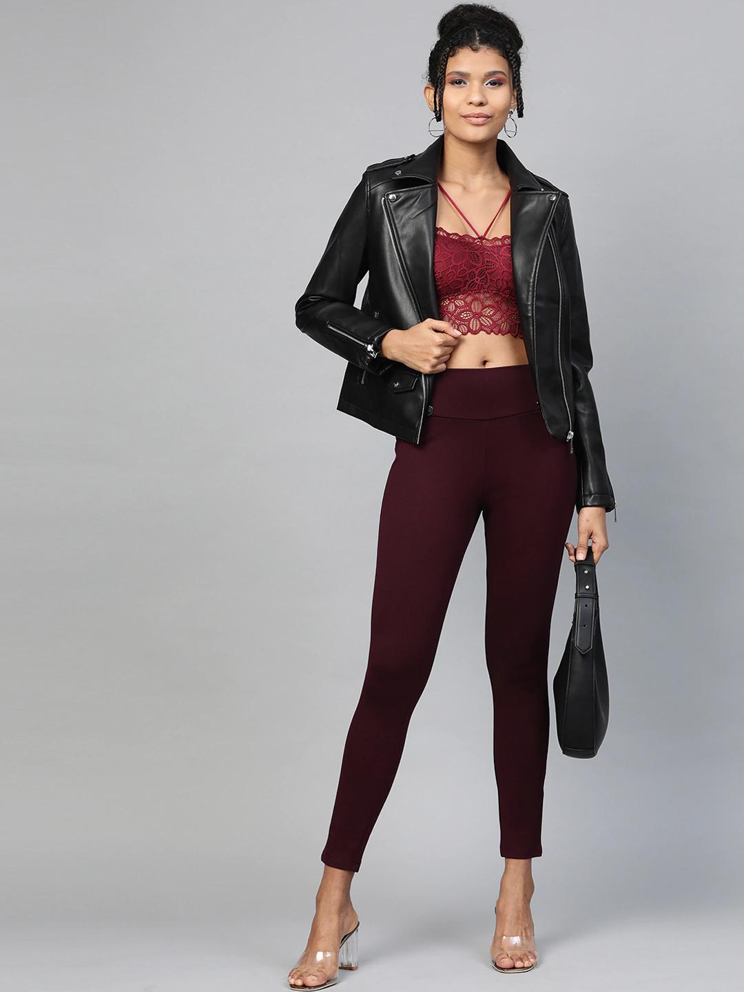 Women's Burgundy Mock Button High Waist Jeggings - SASSAFRAS