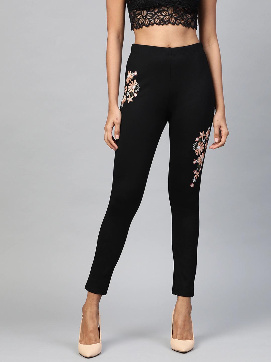 Women's Black Embroidered Jeggings - SASSAFRAS