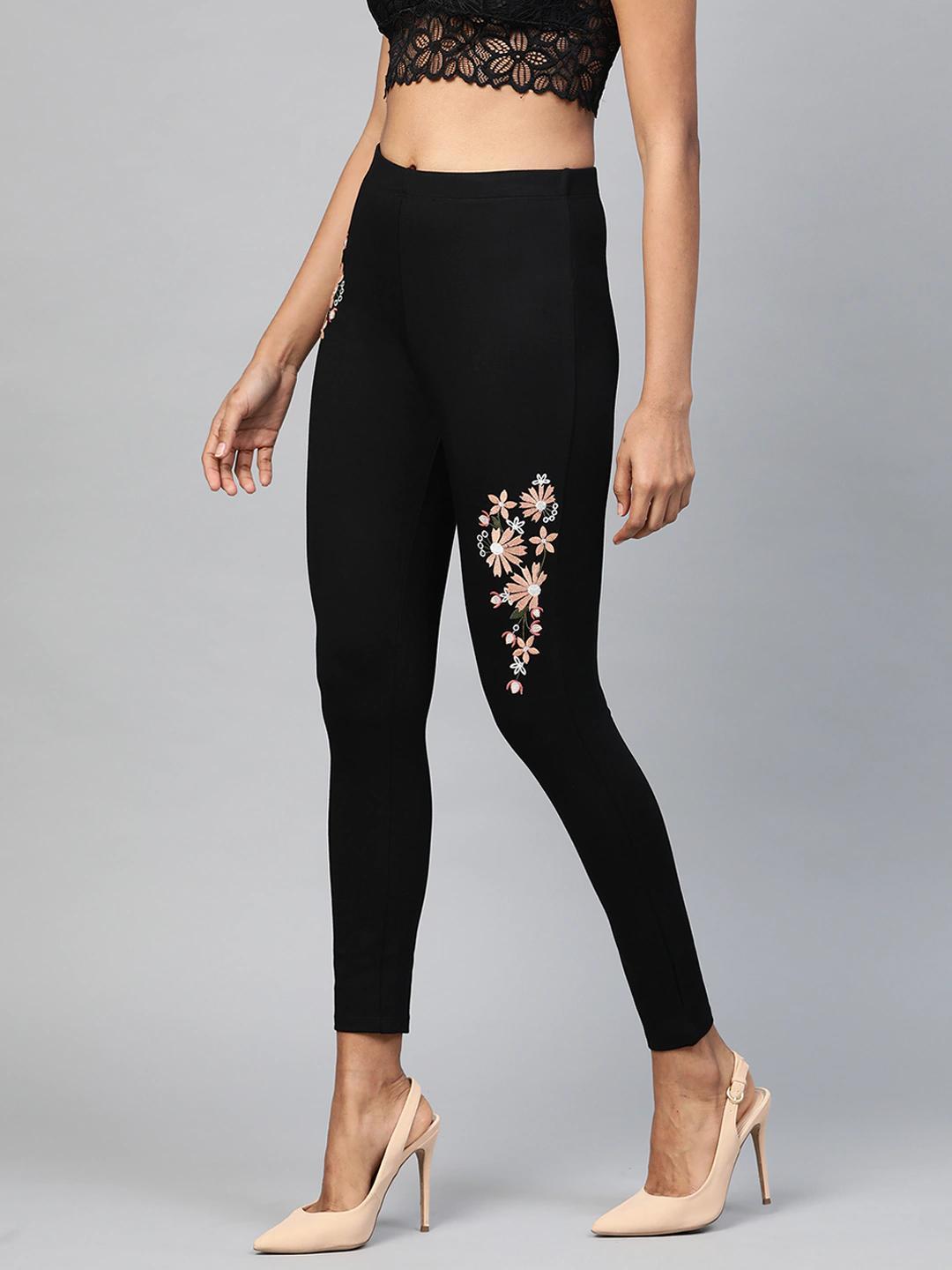 Women's Black Embroidered Jeggings - SASSAFRAS