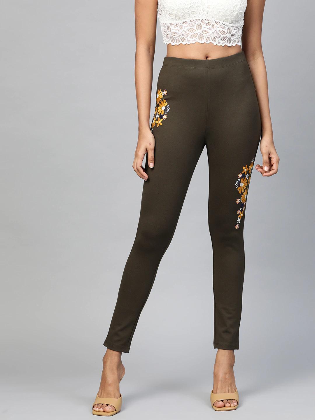 Women's Olive Embroidered Jeggings - SASSAFRAS