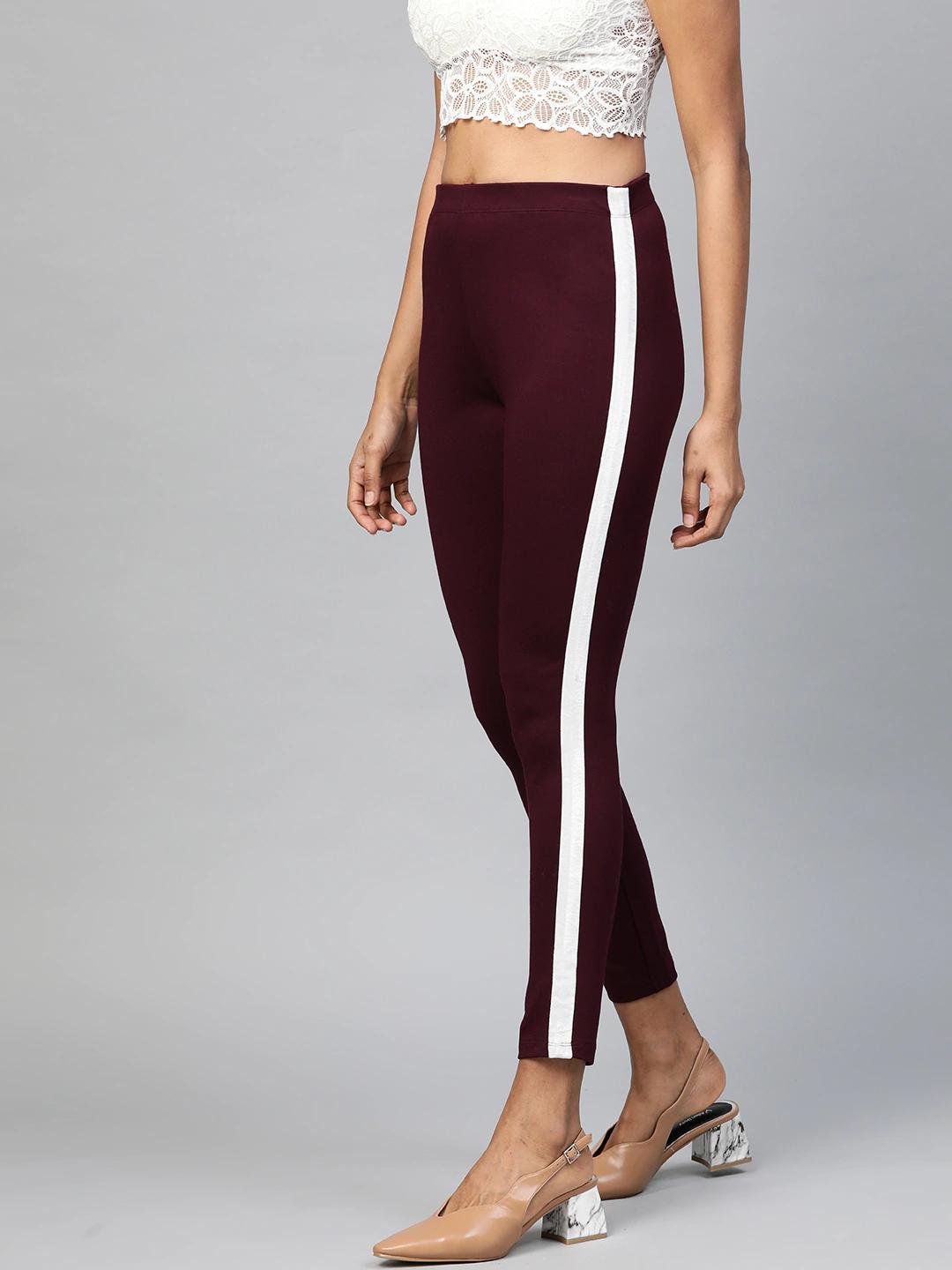 Women's Burgundy Side Tape Jeggings - SASSAFRAS