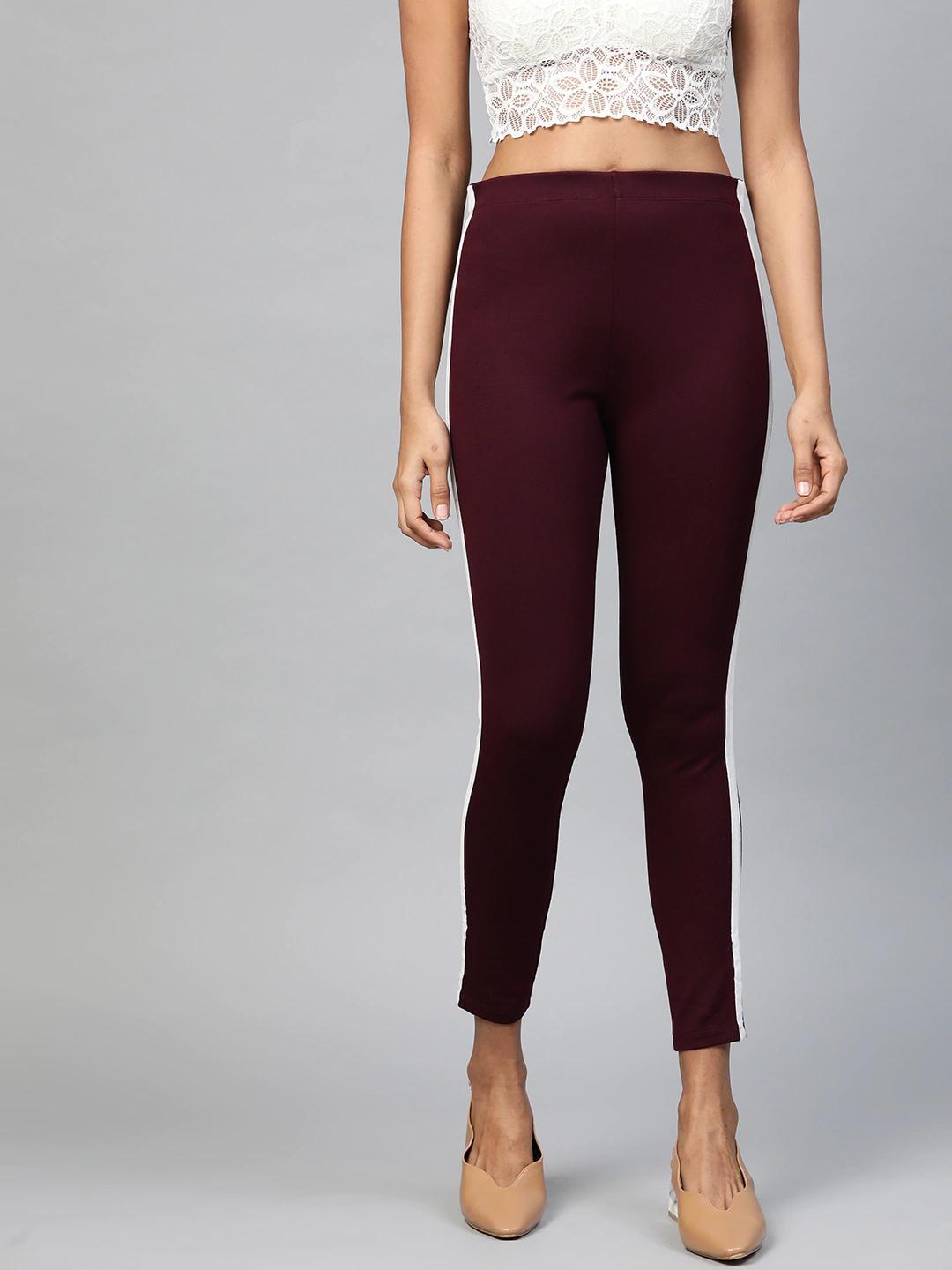 Women's Burgundy Side Tape Jeggings - SASSAFRAS