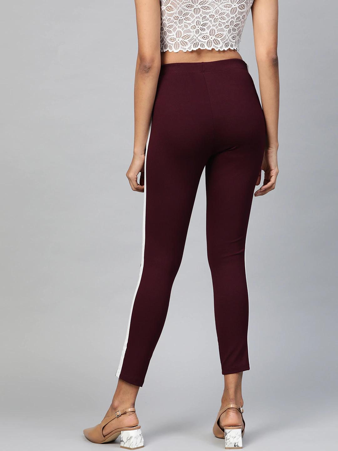 Women's Burgundy Side Tape Jeggings - SASSAFRAS