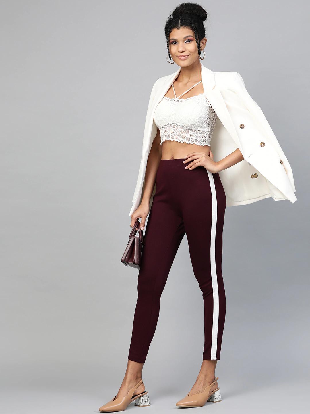 Women's Burgundy Side Tape Jeggings - SASSAFRAS