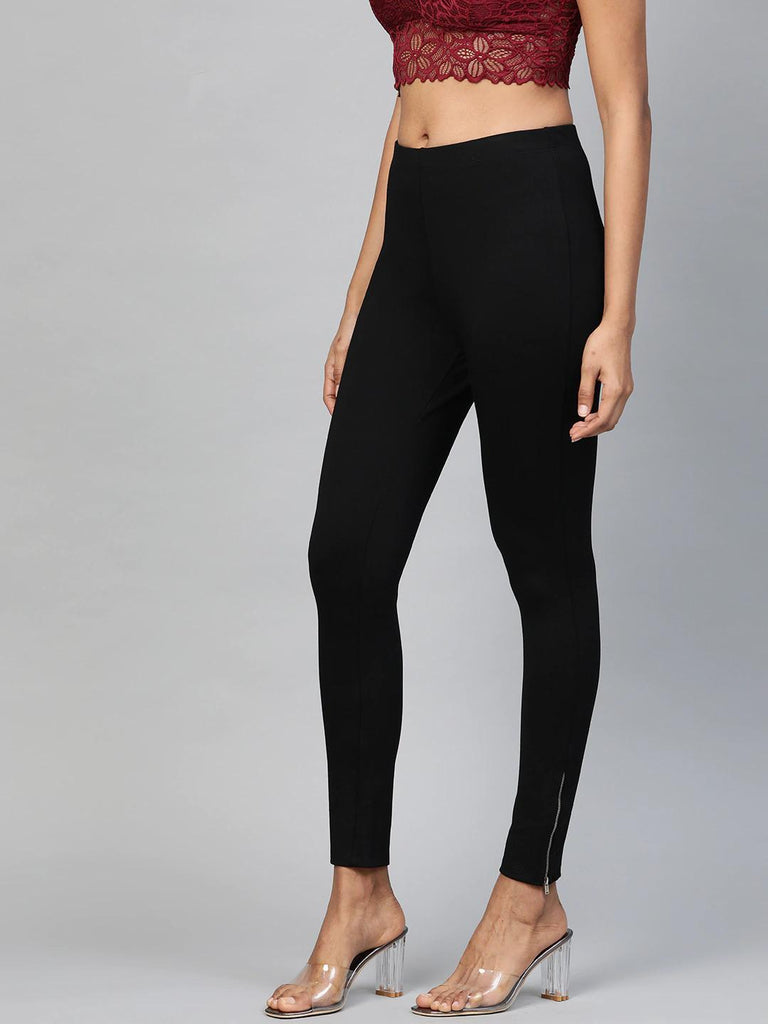 Women's Black Zipper-At-Hem Jeggings