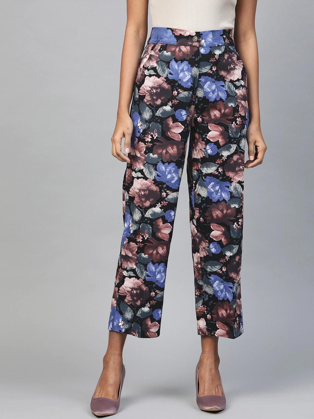 Women's Blue Floral Straight Twill Pants - SASSAFRAS