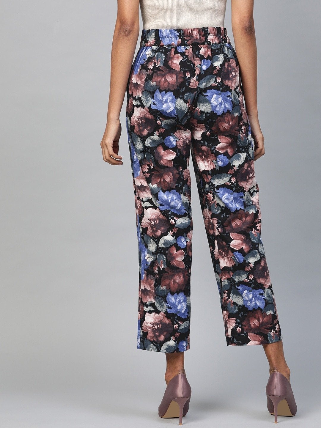 Women's Blue Floral Straight Twill Pants - SASSAFRAS