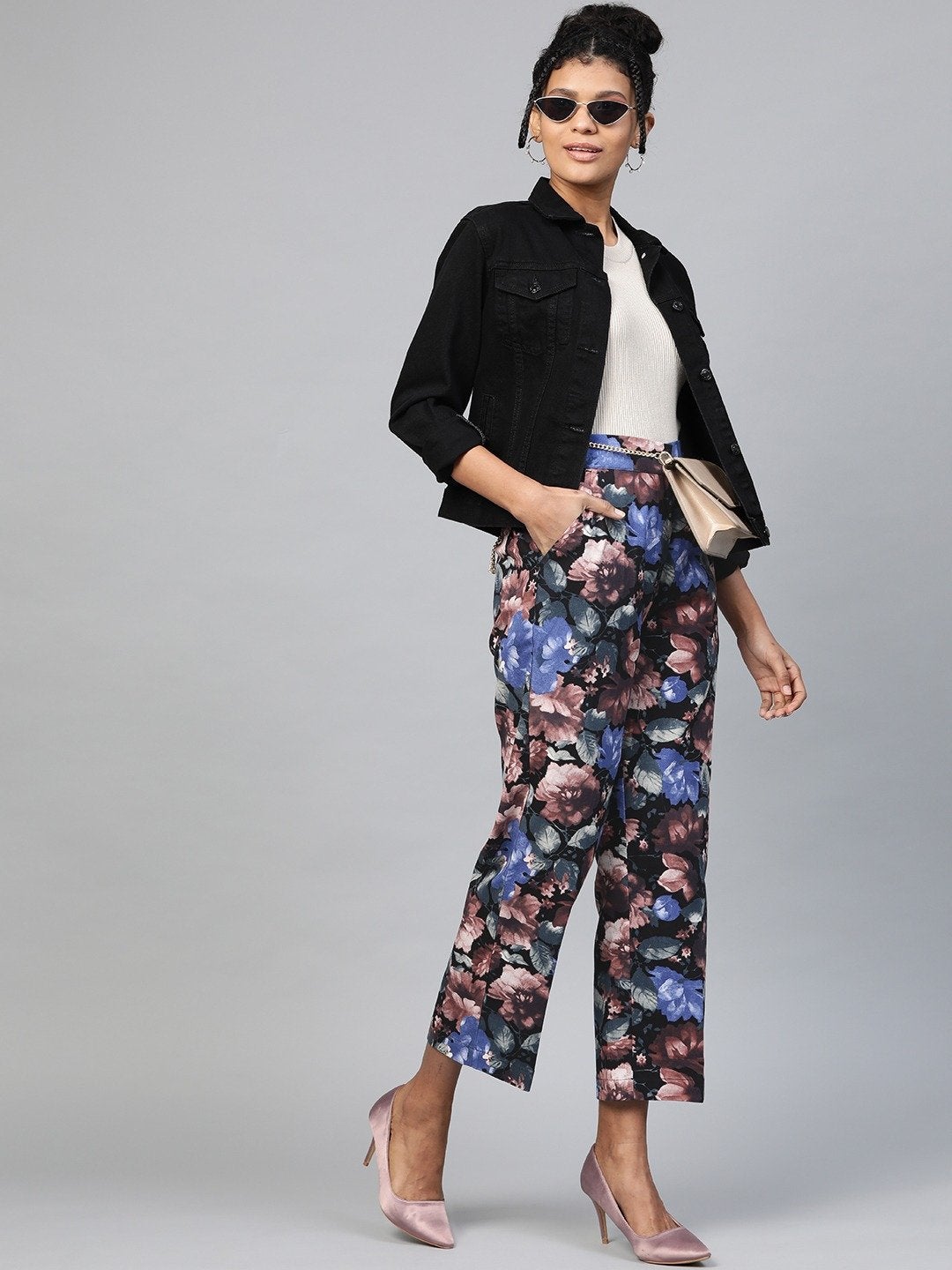 Women's Blue Floral Straight Twill Pants - SASSAFRAS