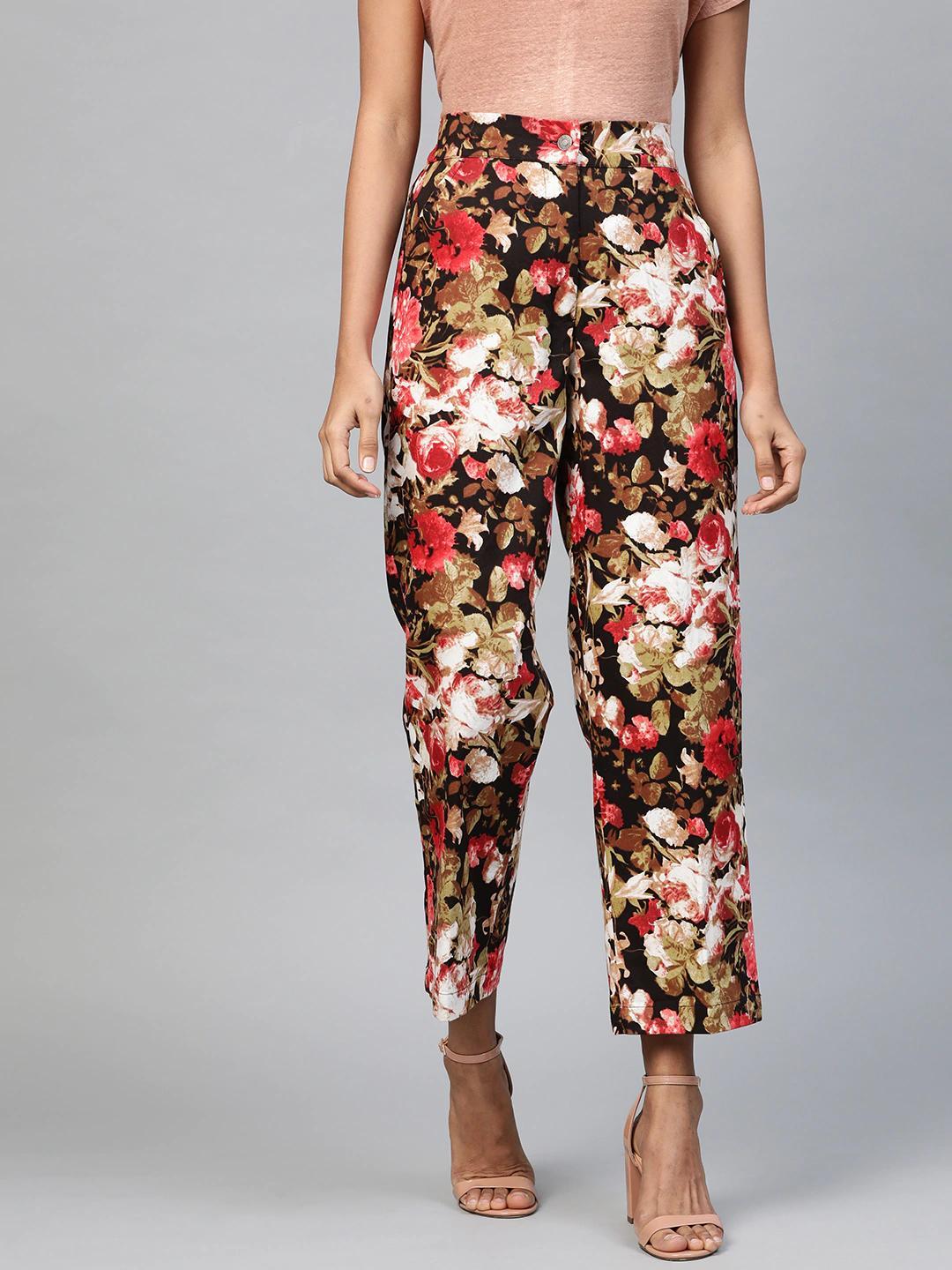 Women's Red Floral Straight Twill Pants - SASSAFRAS