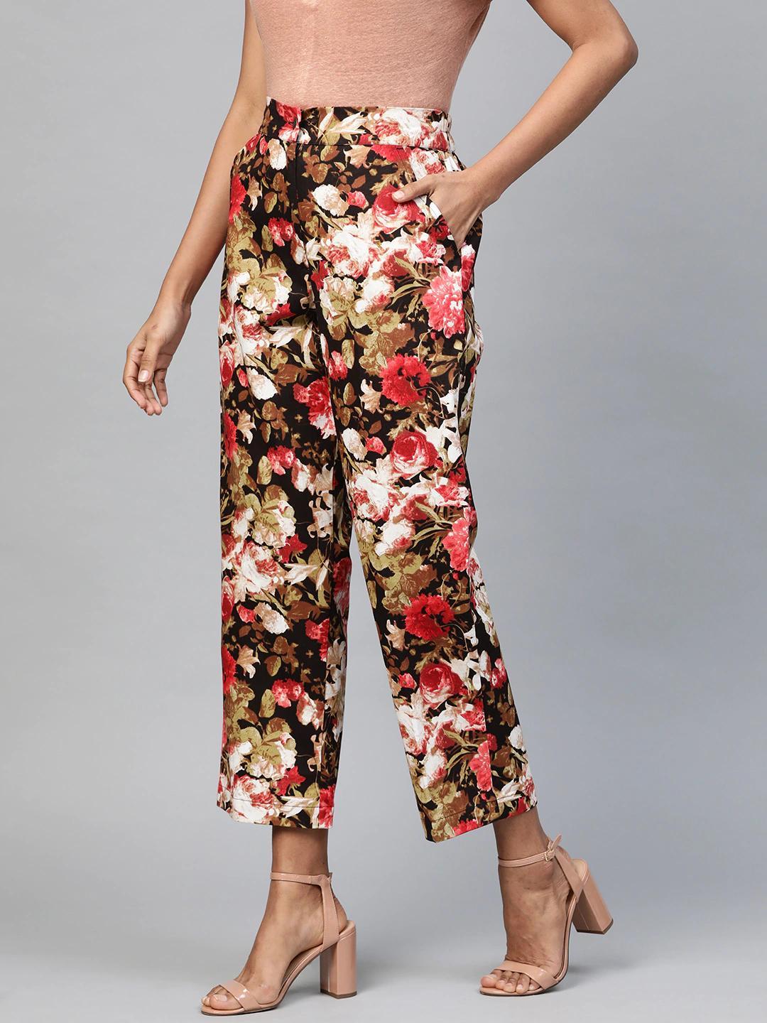 Women's Red Floral Straight Twill Pants - SASSAFRAS