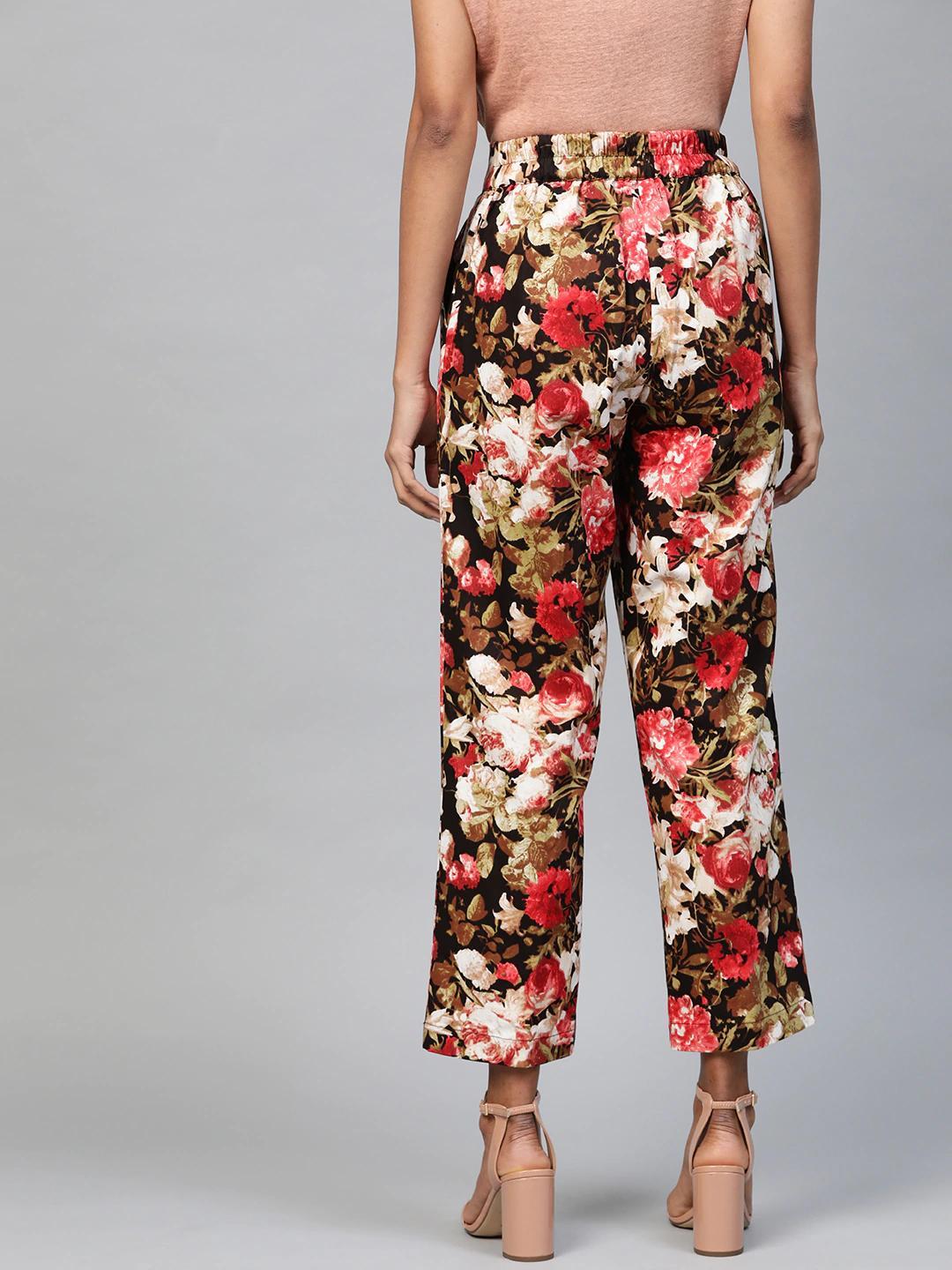 Women's Red Floral Straight Twill Pants - SASSAFRAS