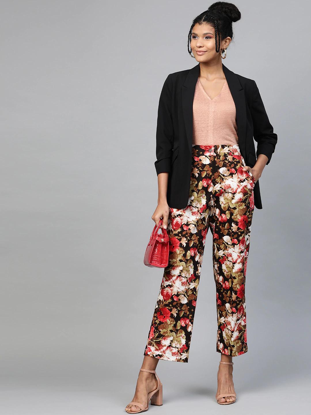 Women's Red Floral Straight Twill Pants - SASSAFRAS