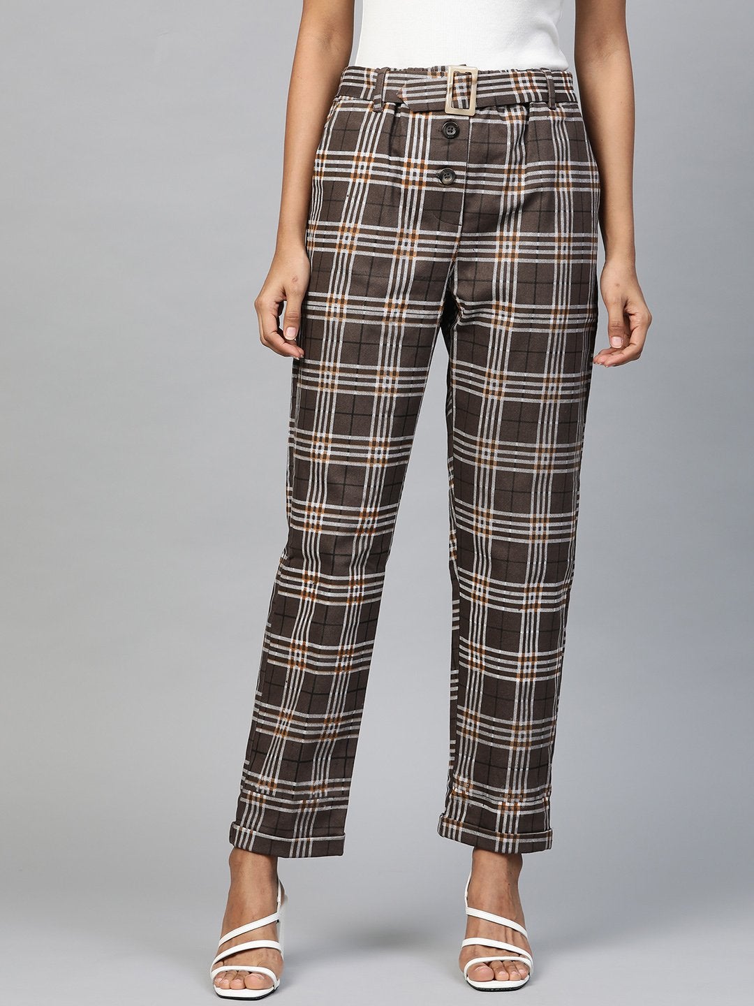 Women's Brown Check Tapered Twill Pants - SASSAFRAS