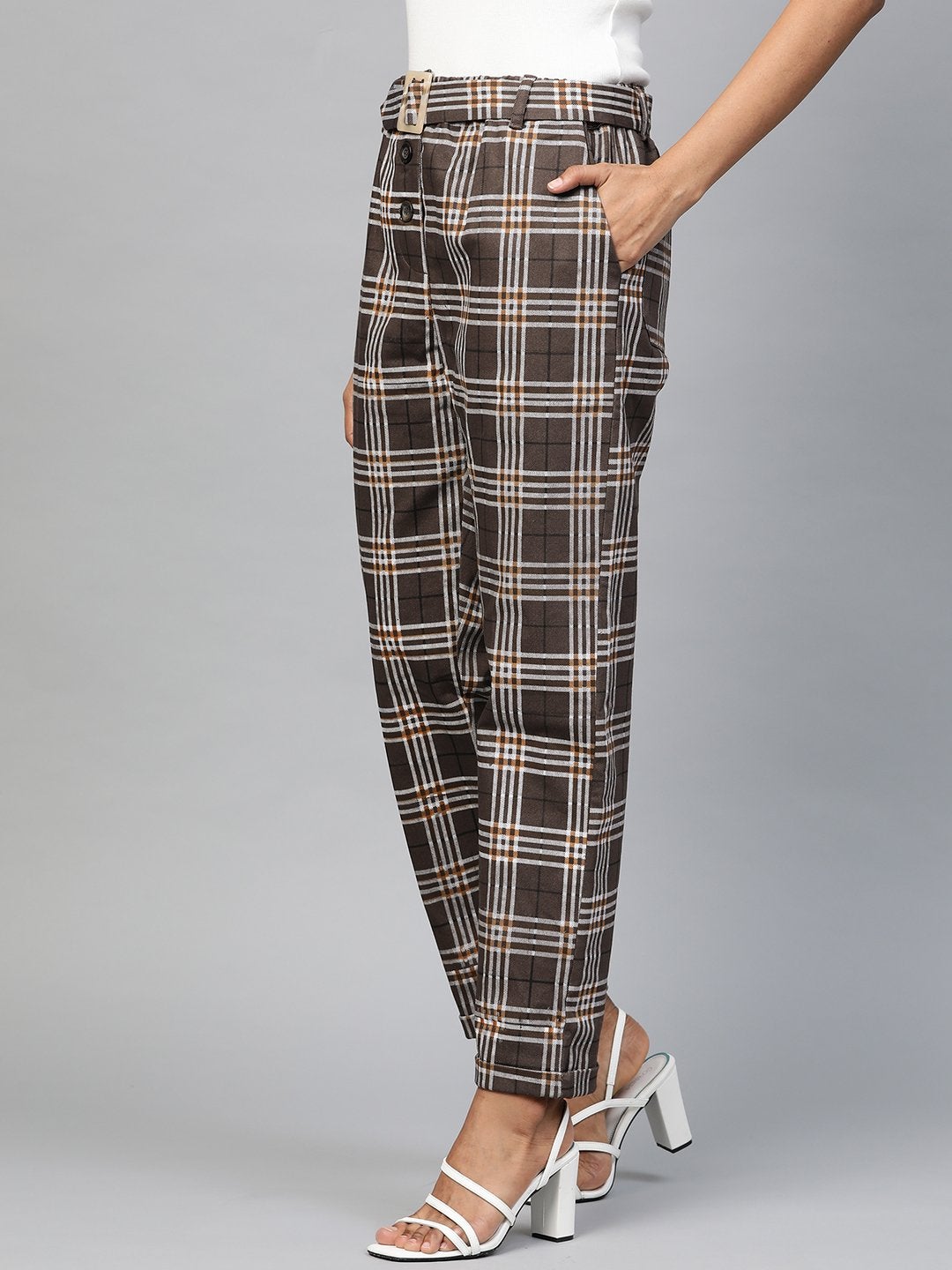 Women's Brown Check Tapered Twill Pants - SASSAFRAS