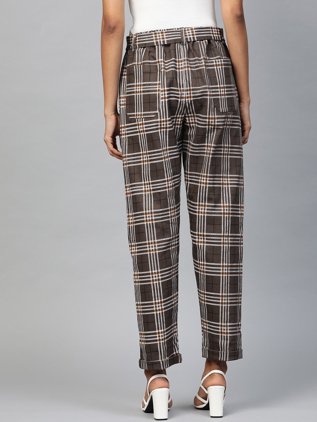 Women's Brown Check Tapered Twill Pants - SASSAFRAS