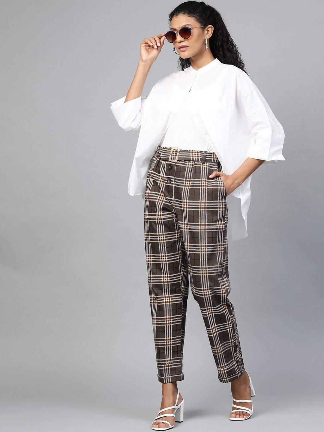 Women's Brown Check Tapered Twill Pants - SASSAFRAS