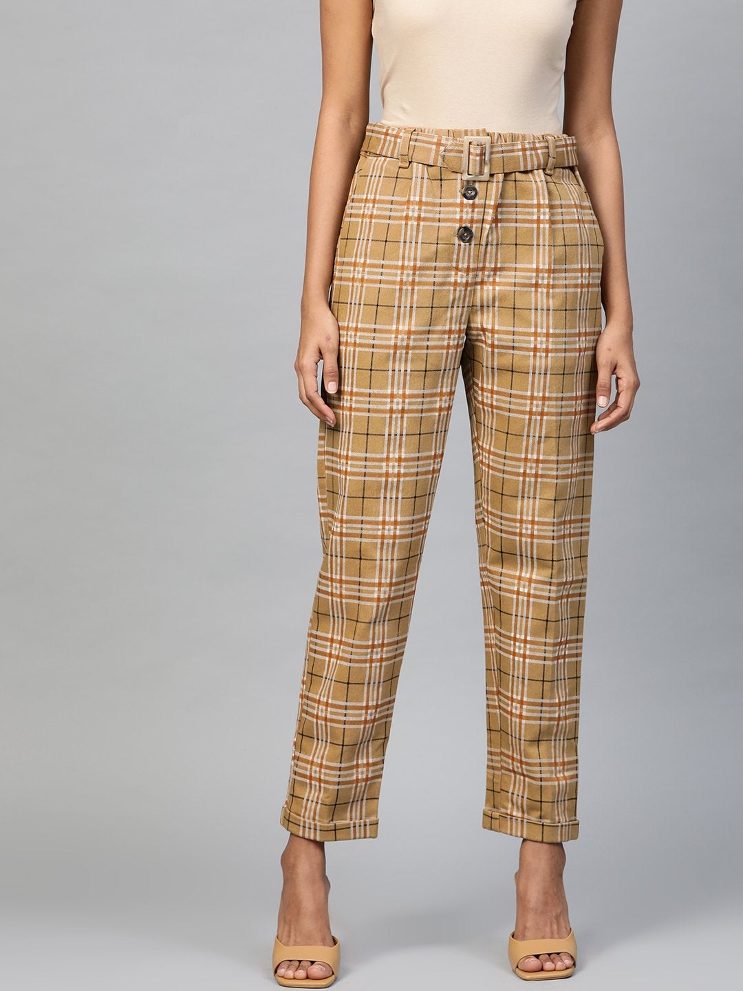 Women's Beige Check Tapered Twiil Pants - SASSAFRAS