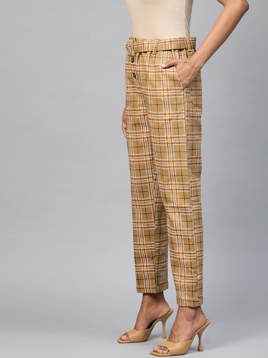 Women's Beige Check Tapered Twiil Pants - SASSAFRAS