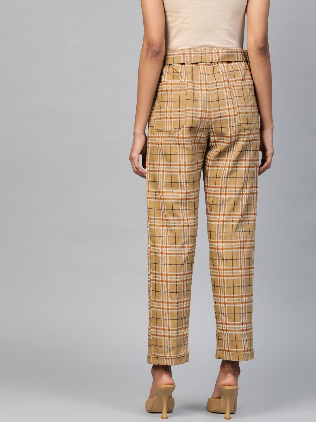 Women's Beige Check Tapered Twiil Pants - SASSAFRAS