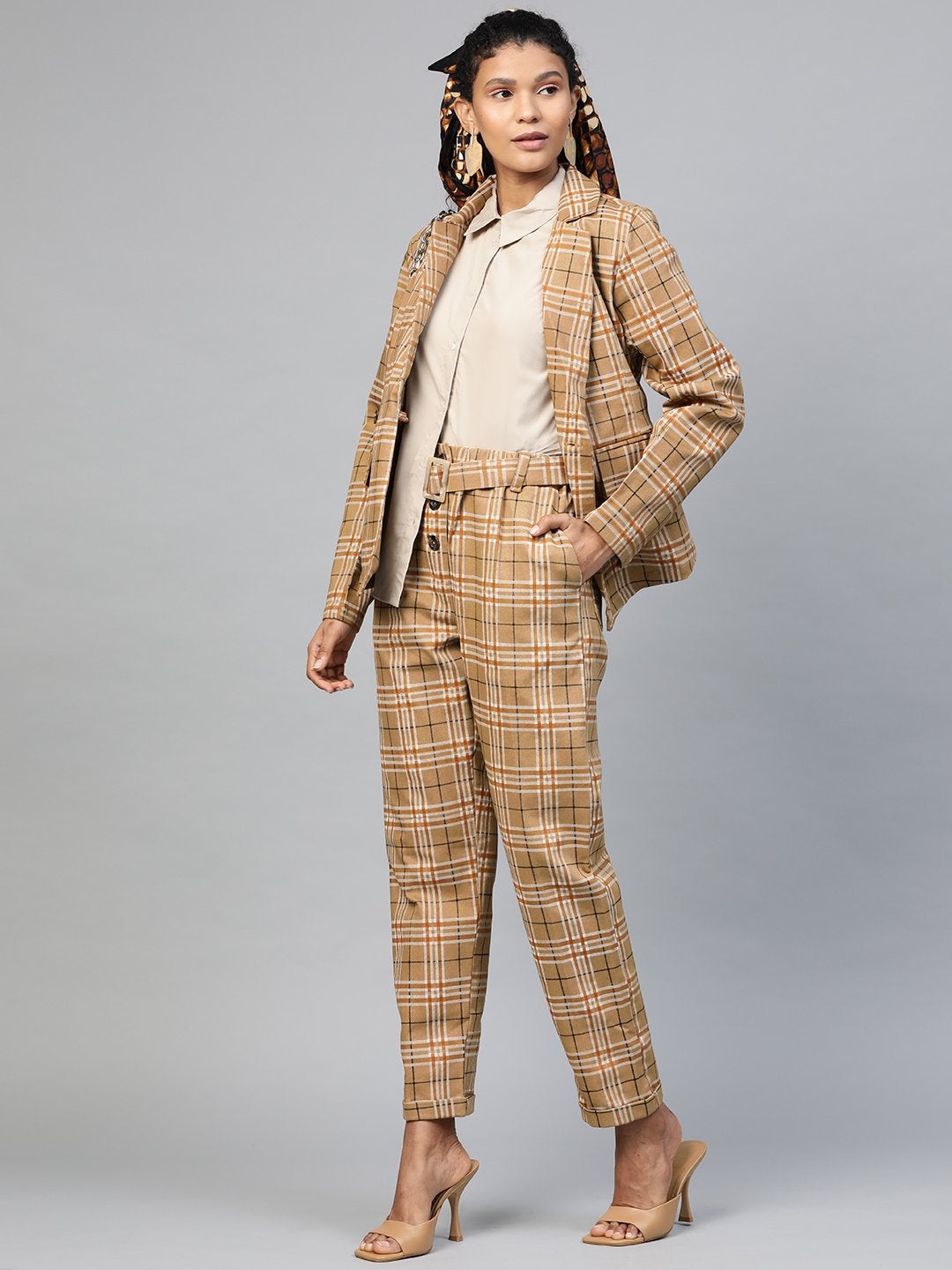 Women's Beige Check Tapered Twiil Pants - SASSAFRAS