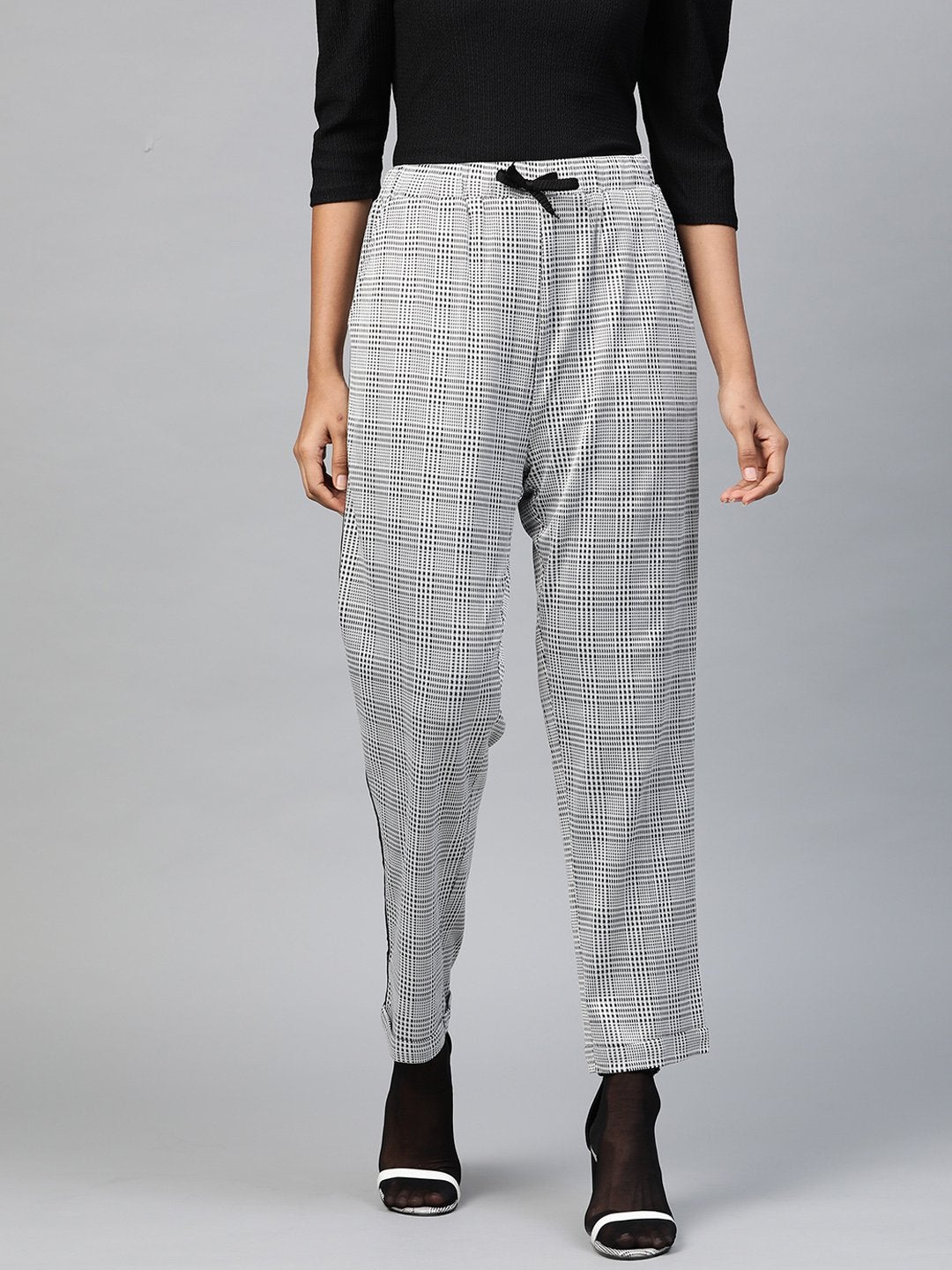 Women's Grey Check Side Tape Jacquard Pants - SASSAFRAS