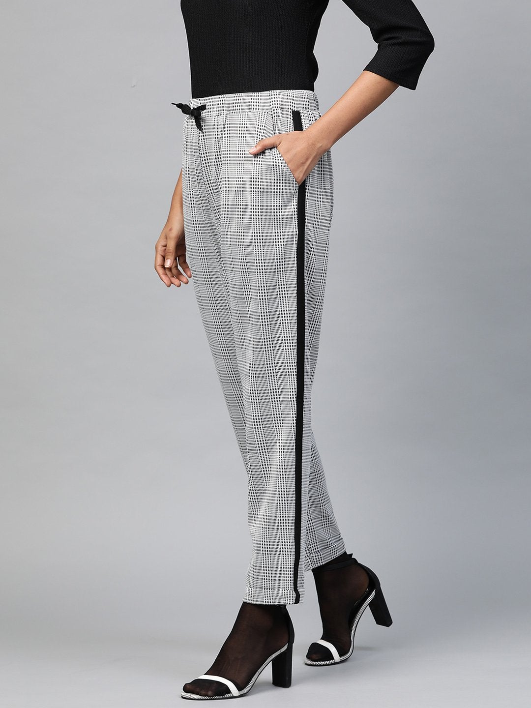 Women's Grey Check Side Tape Jacquard Pants - SASSAFRAS