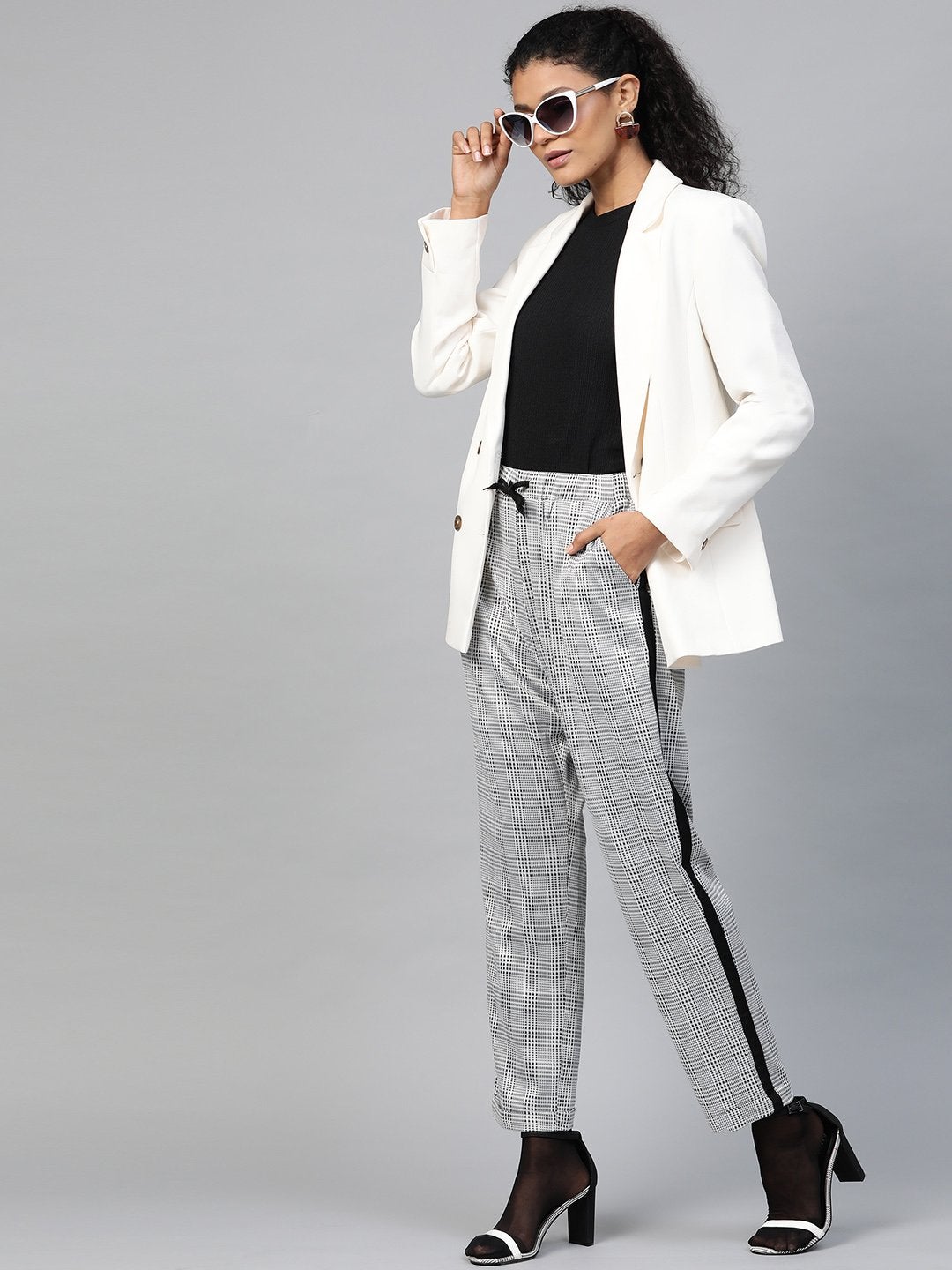 Women's Grey Check Side Tape Jacquard Pants - SASSAFRAS