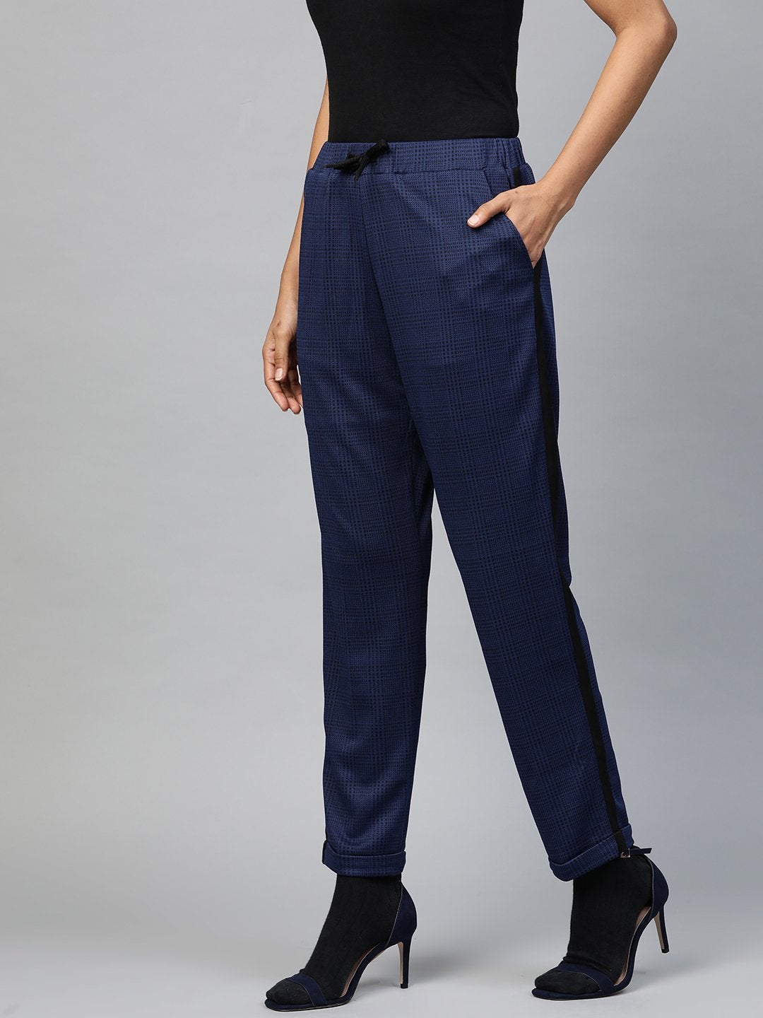 Women's Navy Check Side Tape Jacquard Pants - SASSAFRAS