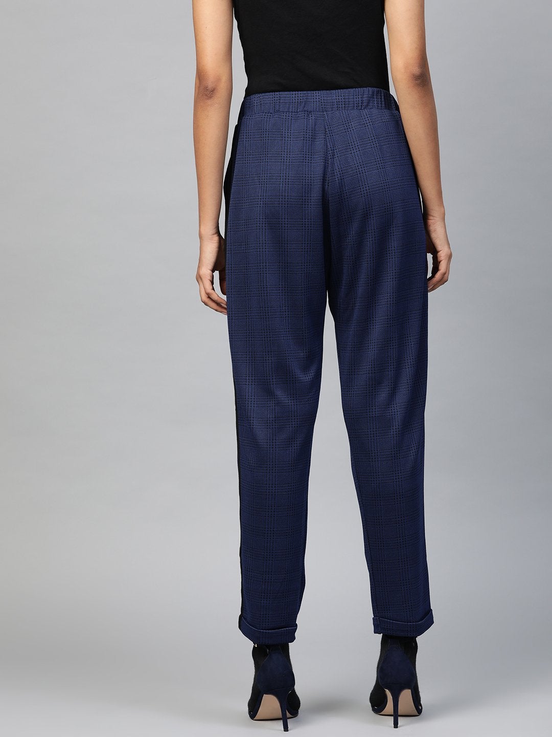 Women's Navy Check Side Tape Jacquard Pants - SASSAFRAS