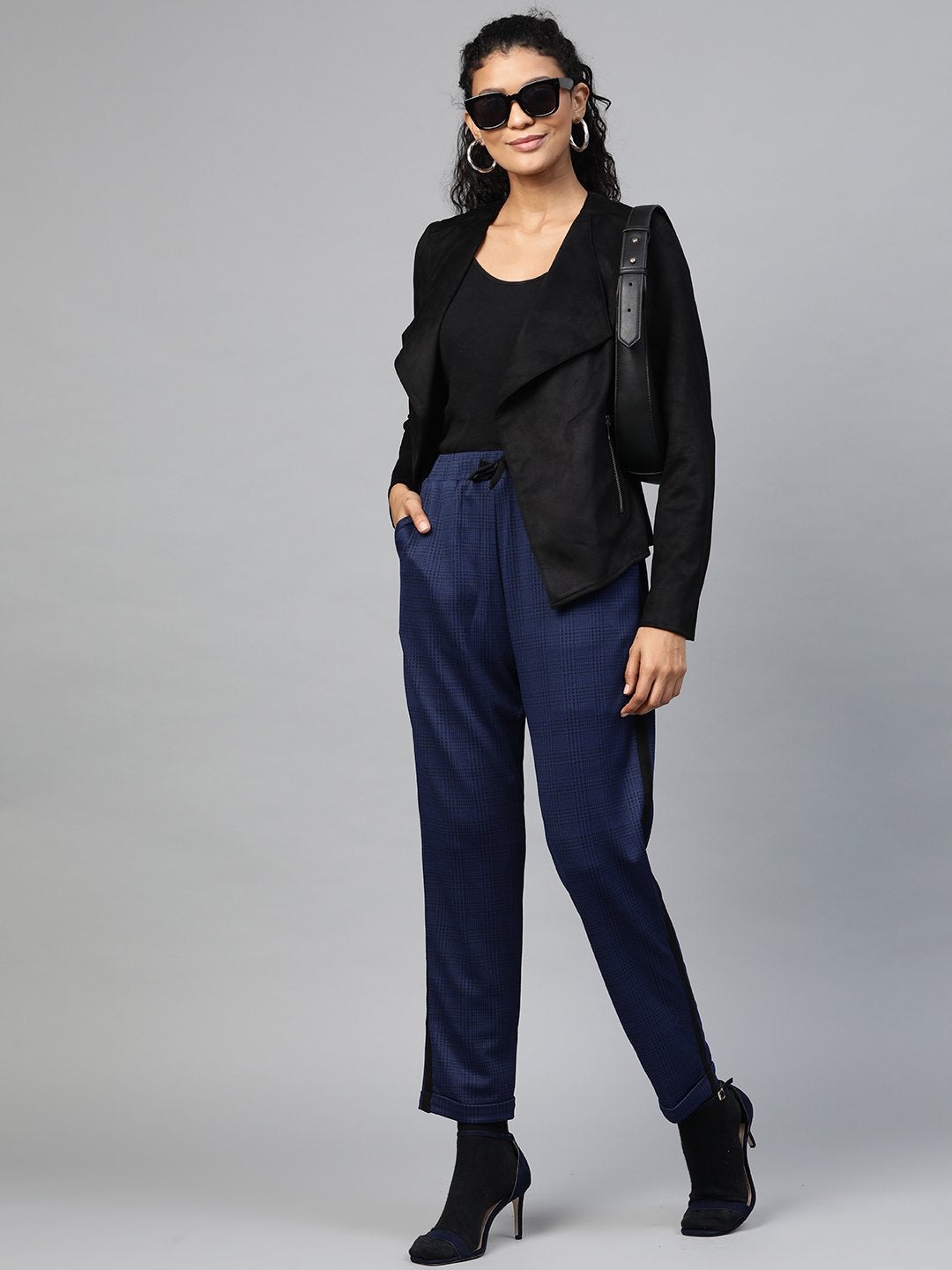 Women's Navy Check Side Tape Jacquard Pants - SASSAFRAS