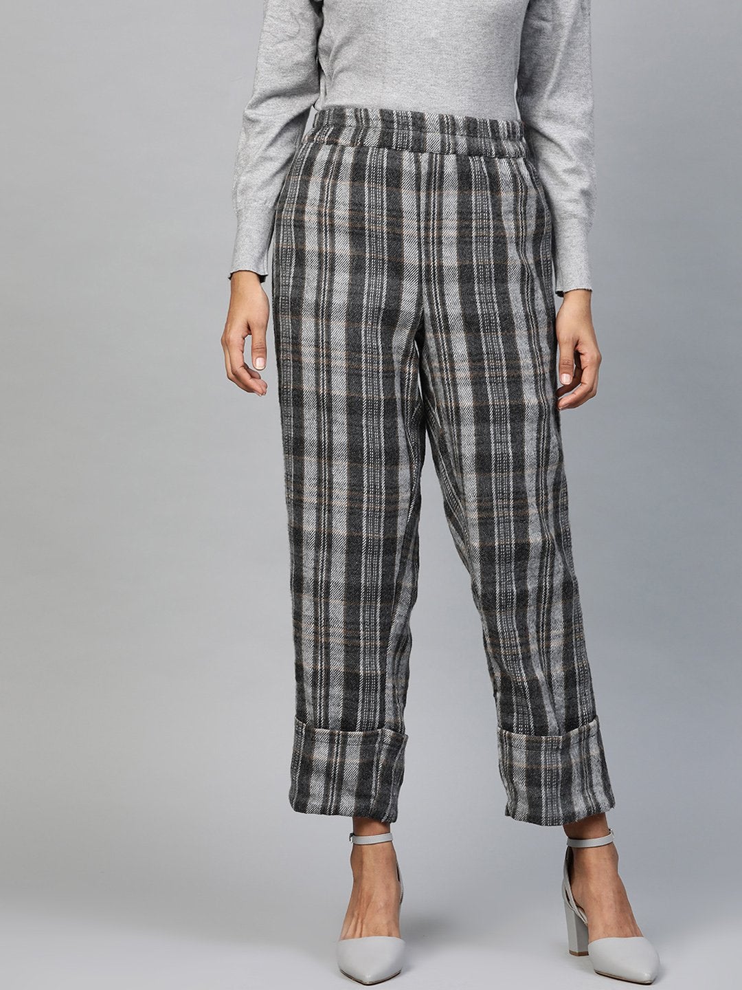 Women's Grey Check Roll Up Trousers - SASSAFRAS