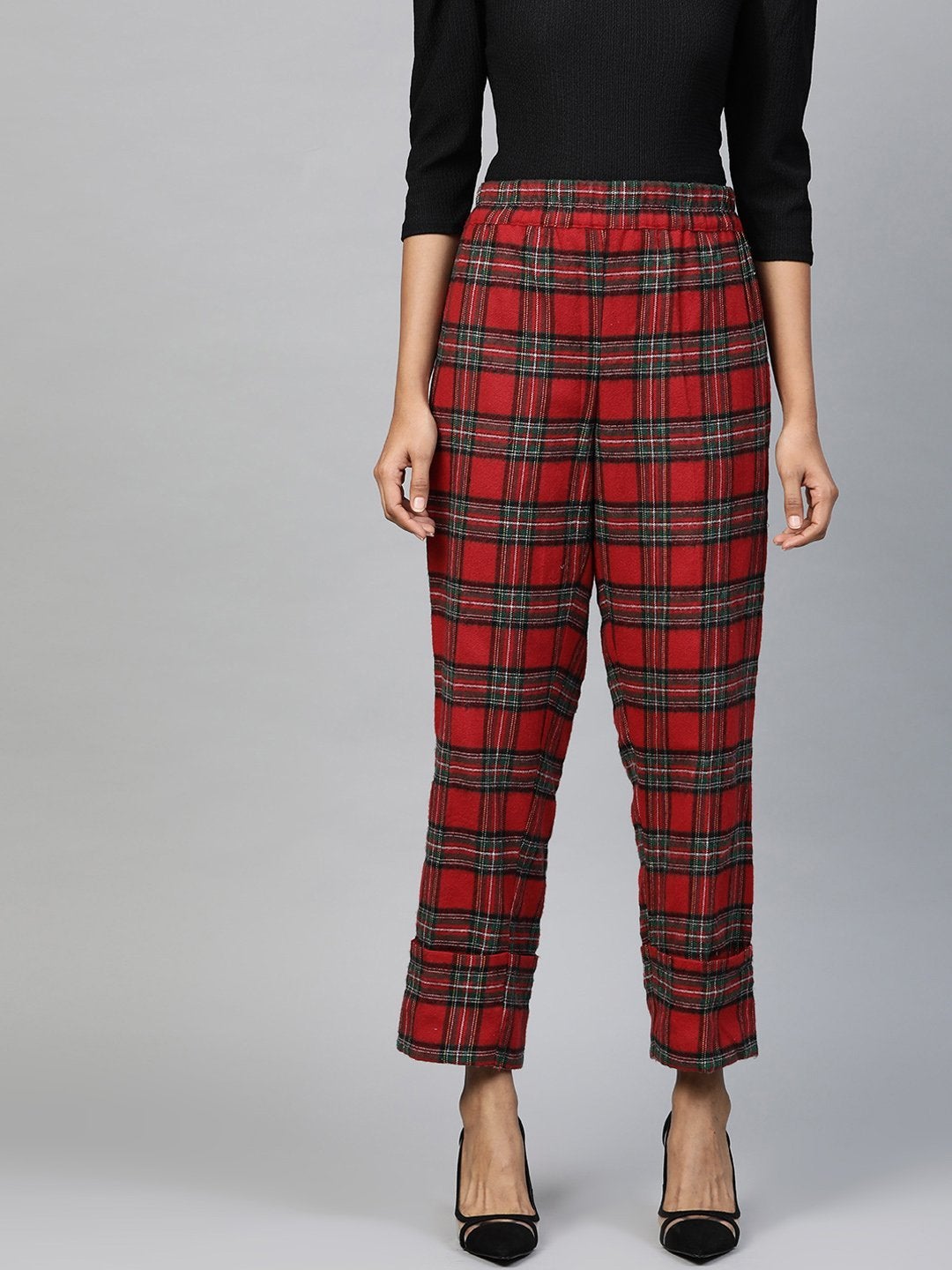 Women's Red Check Roll Up Trousers - SASSAFRAS