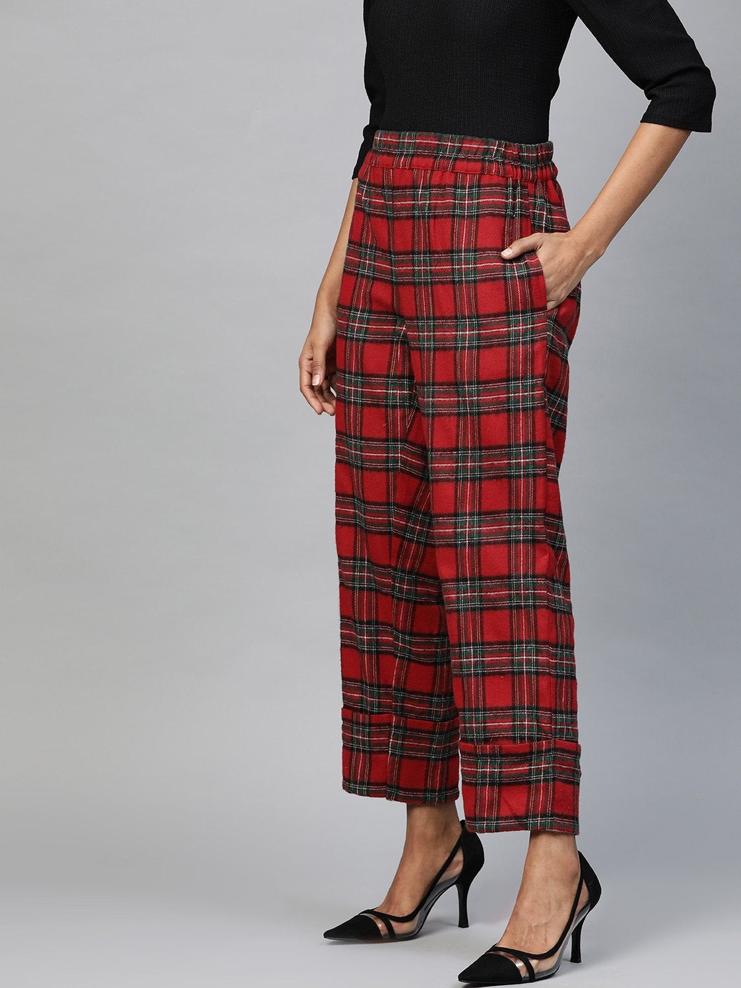 Women's Red Check Roll Up Trousers - SASSAFRAS