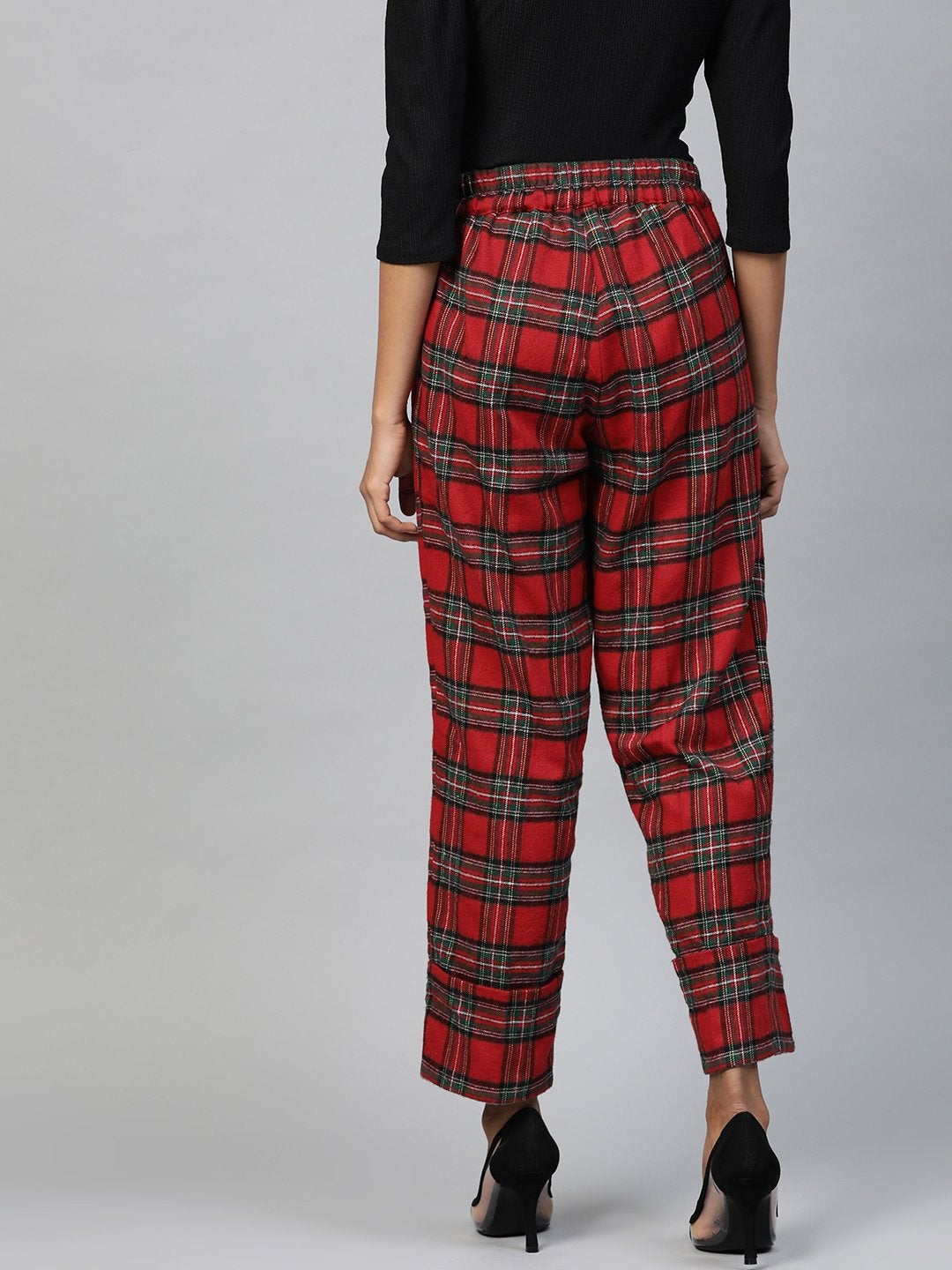 Women's Red Check Roll Up Trousers - SASSAFRAS