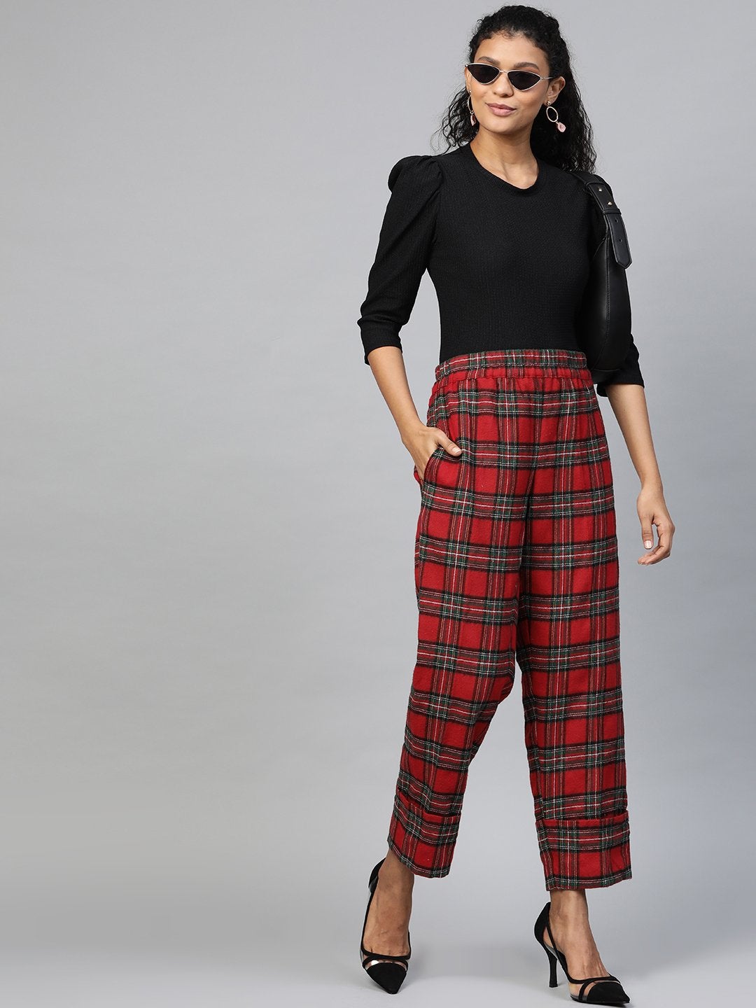 Women's Red Check Roll Up Trousers - SASSAFRAS