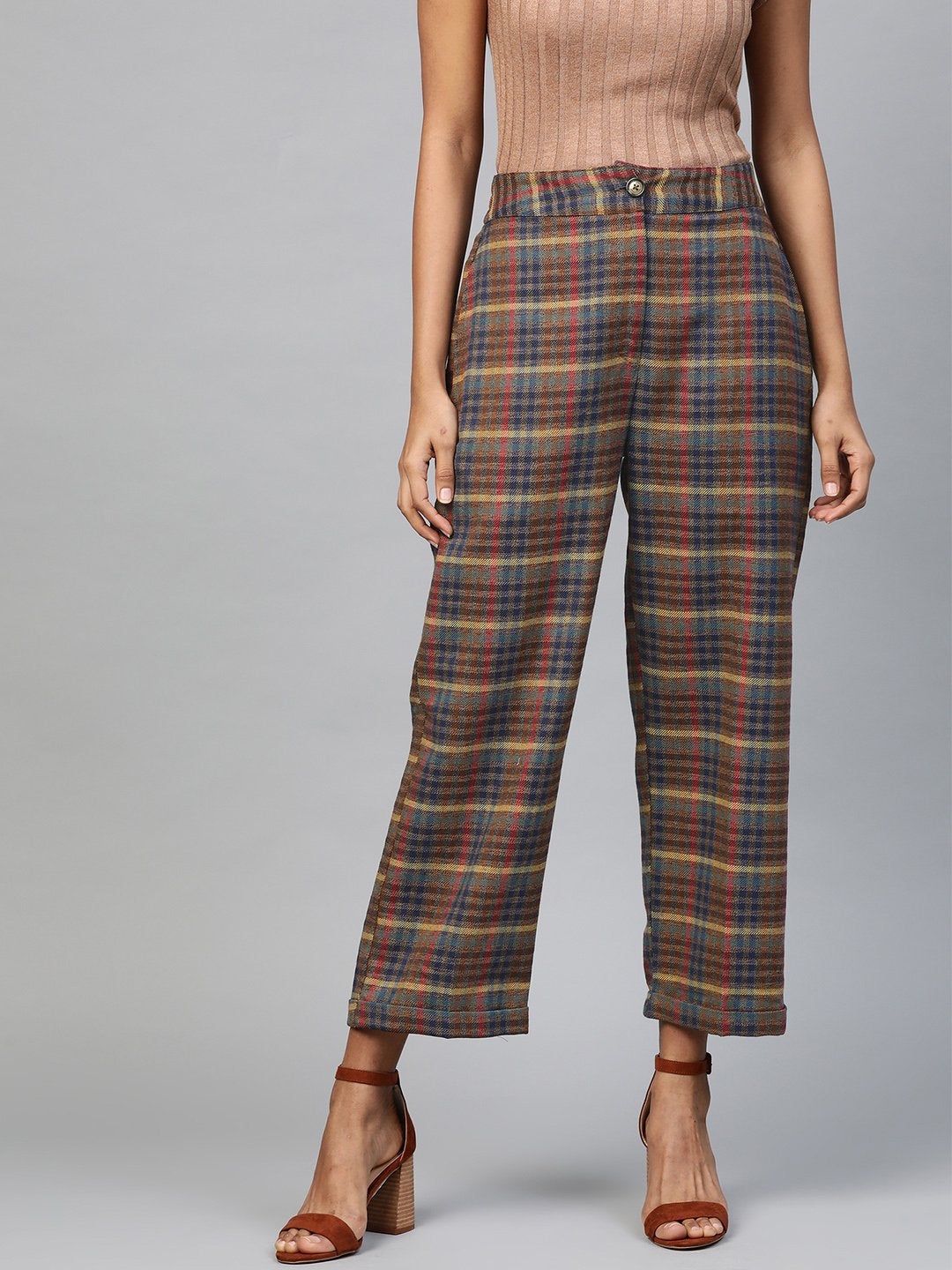 Women's Multicolor Jacquard Check Tapered Pants - SASSAFRAS