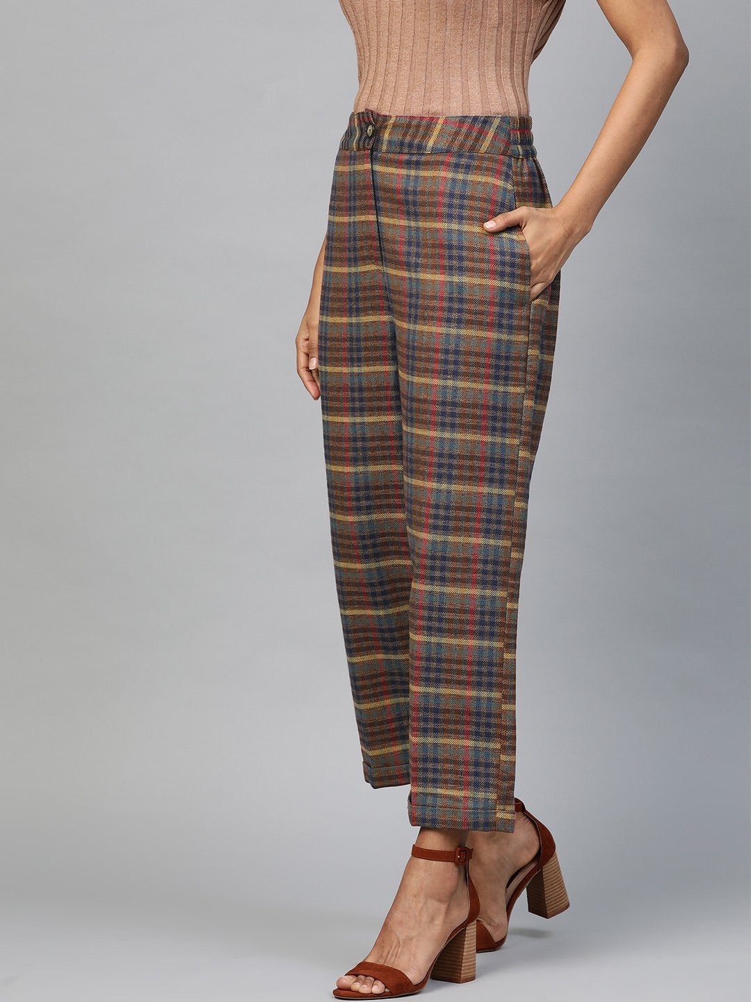 Women's Multicolor Jacquard Check Tapered Pants - SASSAFRAS