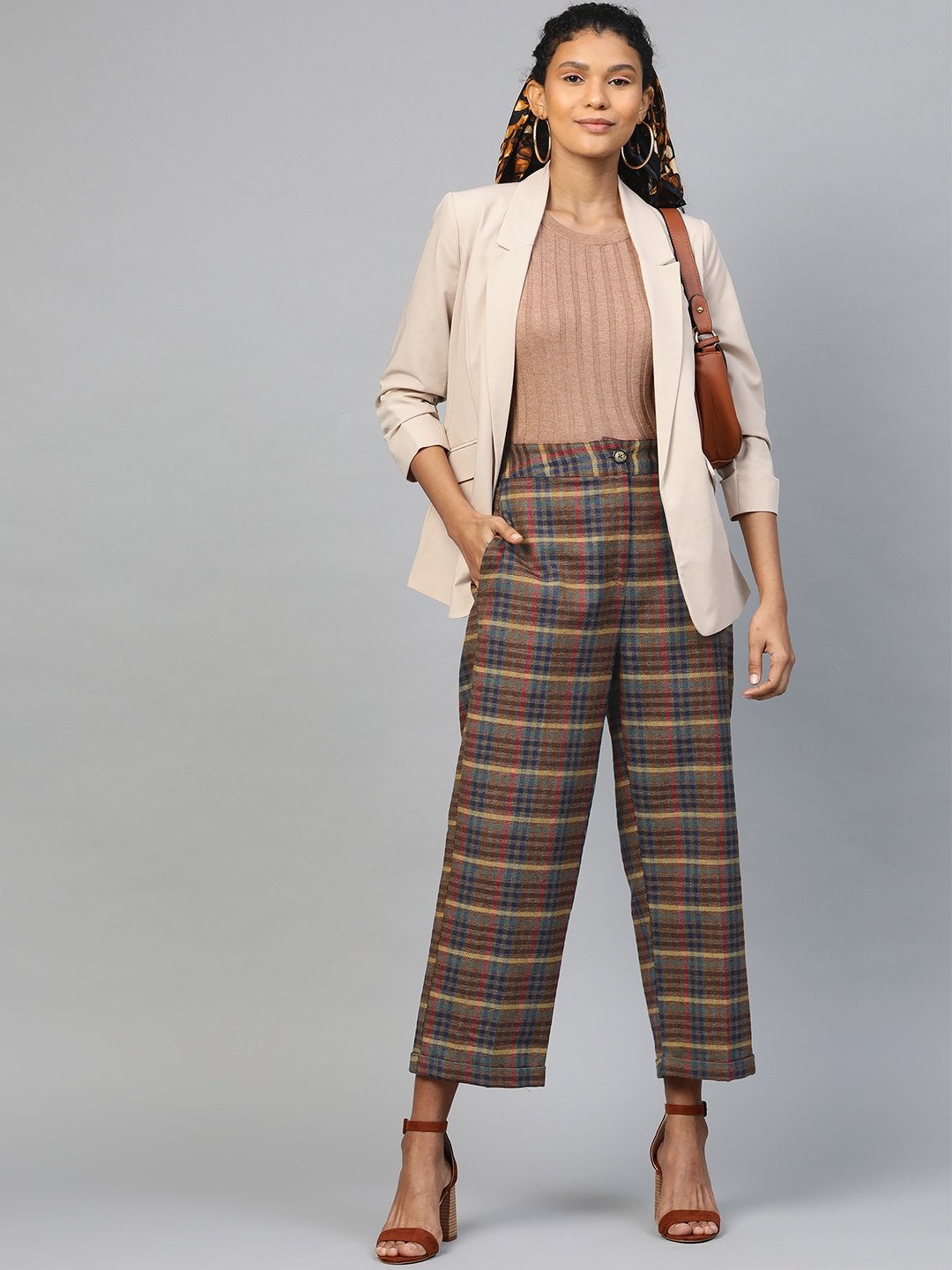 Women's Multicolor Jacquard Check Tapered Pants - SASSAFRAS