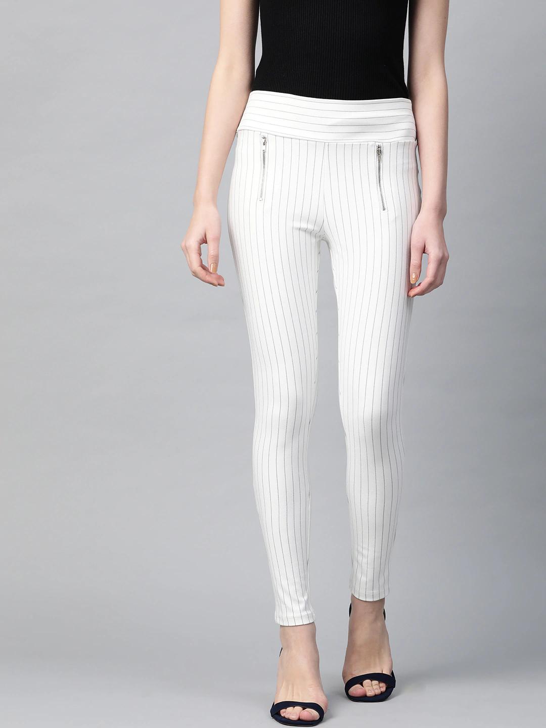 Women's White Side Zipper Striped Jeggings - SASSAFRAS