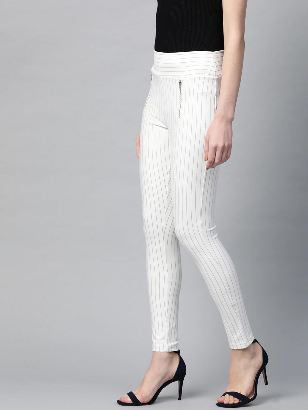 Women's White Side Zipper Striped Jeggings - SASSAFRAS