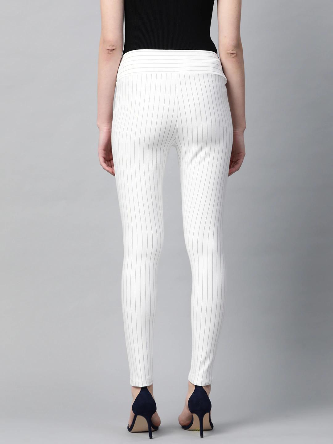 Women's White Side Zipper Striped Jeggings - SASSAFRAS