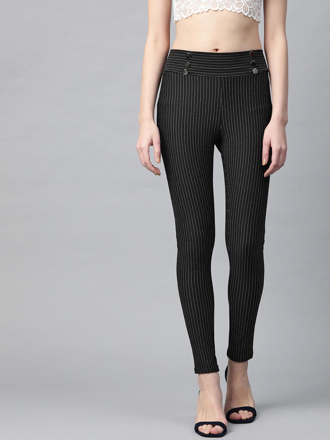 Women's Black High Waist Show Elastic Striped Jeggings - SASSAFRAS