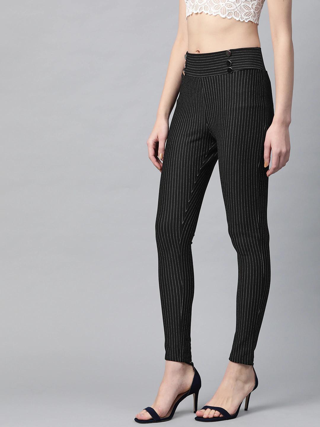 Women's Black High Waist Show Elastic Striped Jeggings - SASSAFRAS