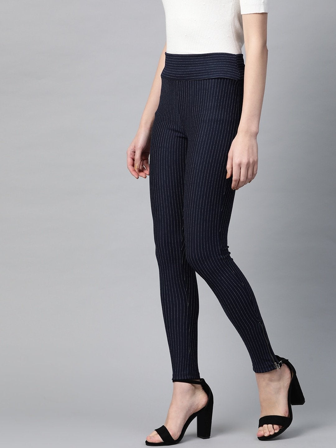 Women's Navy Zipper-At-Hem Striped Jeggings - SASSAFRAS