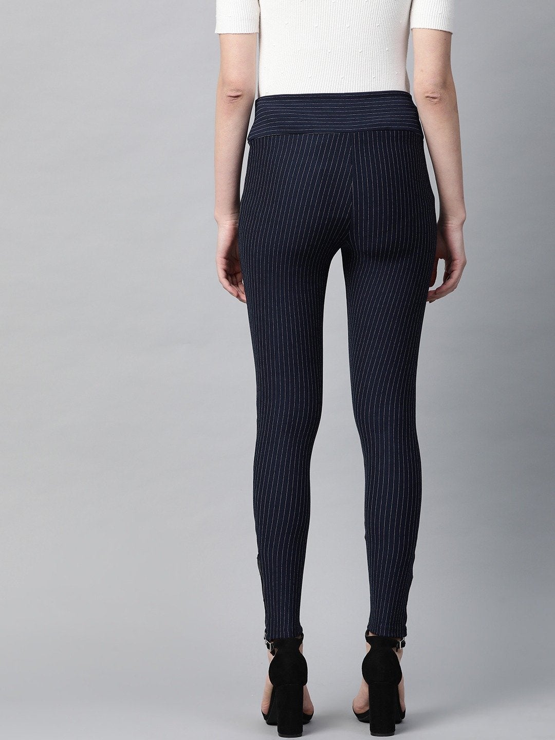 Women's Navy Zipper-At-Hem Striped Jeggings - SASSAFRAS