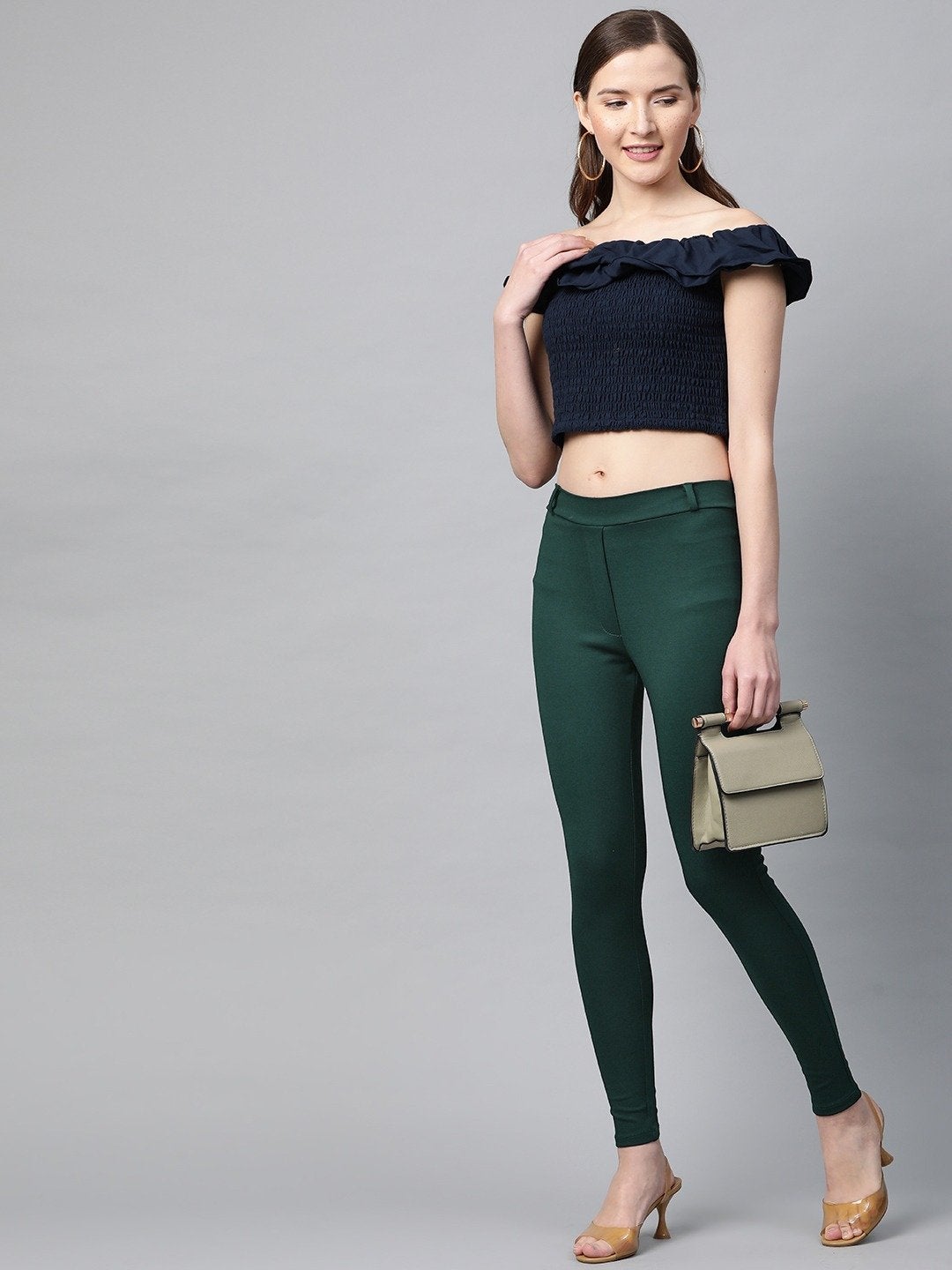 Women's Green Mock Fly Jeggings - SASSAFRAS