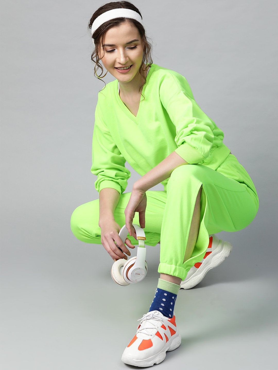 Women's Neon Green Side Slit Fleece Jogger Pants - SASSAFRAS