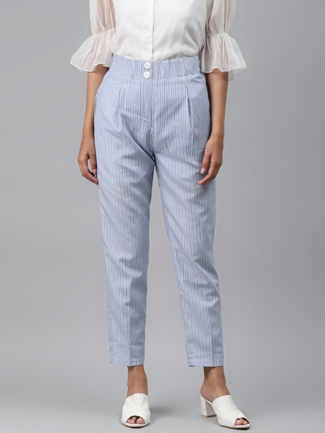 Women's Blue Stripes Tapered Pants - SASSAFRAS