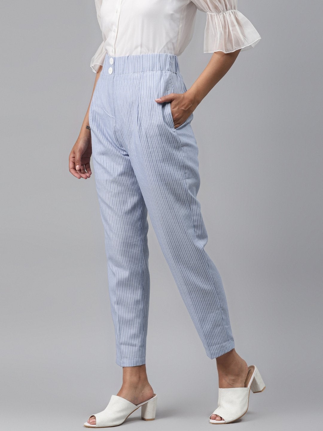 Women's Blue Stripes Tapered Pants - SASSAFRAS